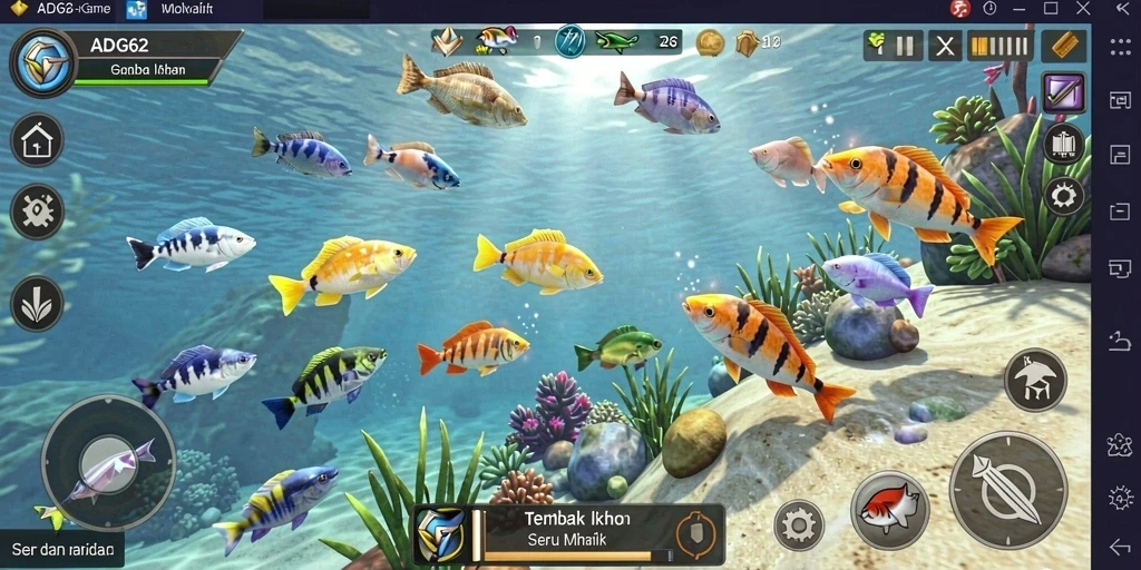 Tampilan gameplay seru dengan aksi menembak ikan.