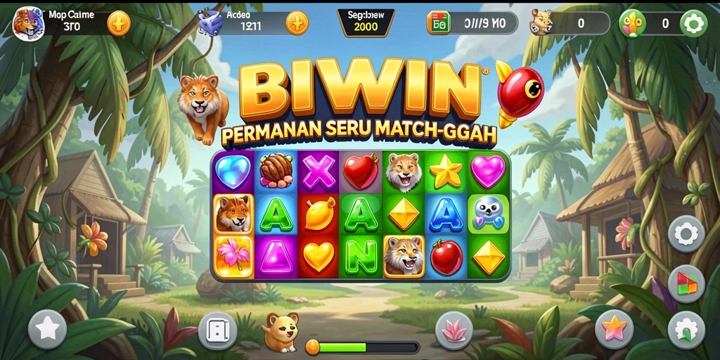 Tampilan gameplay BIWIN yang menampilkan level Match-3 penuh warna.
