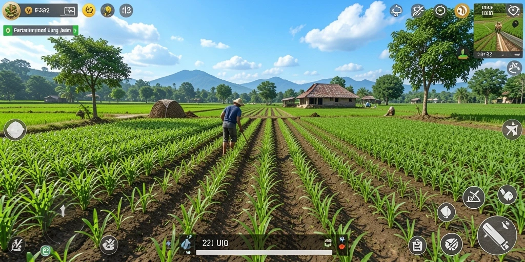 Tangkapan layar F32 menunjukkan aktivitas gameplay seru di pertanian.