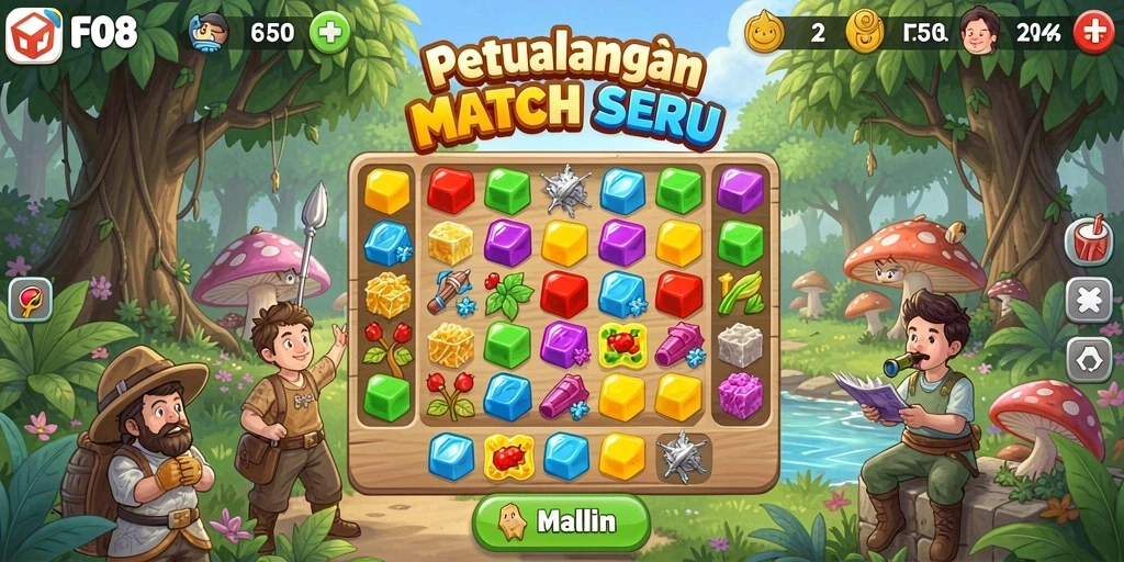 Tangkapan layar utama FO8 menampilkan gameplay seru dari pencocokan item.