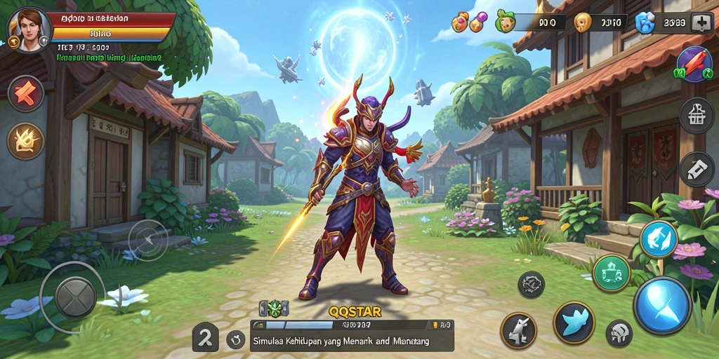 Tampilan screenshot utama dari gameplay <strong>QQSTAR</strong> yang menampilkan interaksi karakter dan lingkungan.