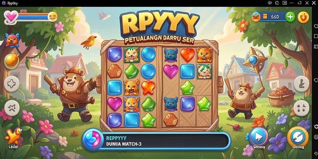 Screenshot pertandingan RPYYY menunjukkan aksi seru dalam mencocokkan tiga elemen.