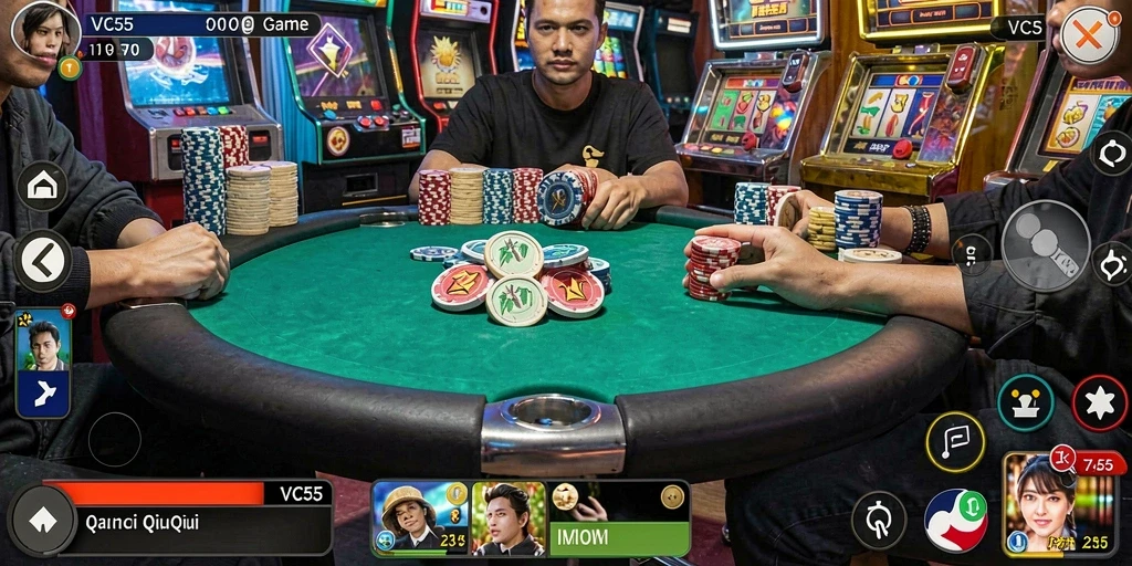 Screenshot gameplay VC55 menampilkan pemain sedang berkompetisi di meja QiuQiu.